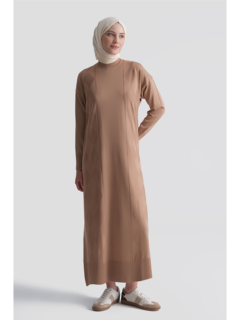 Kahverengi Baklava Desenli Triko Elbise 25ktd958 Latte-1