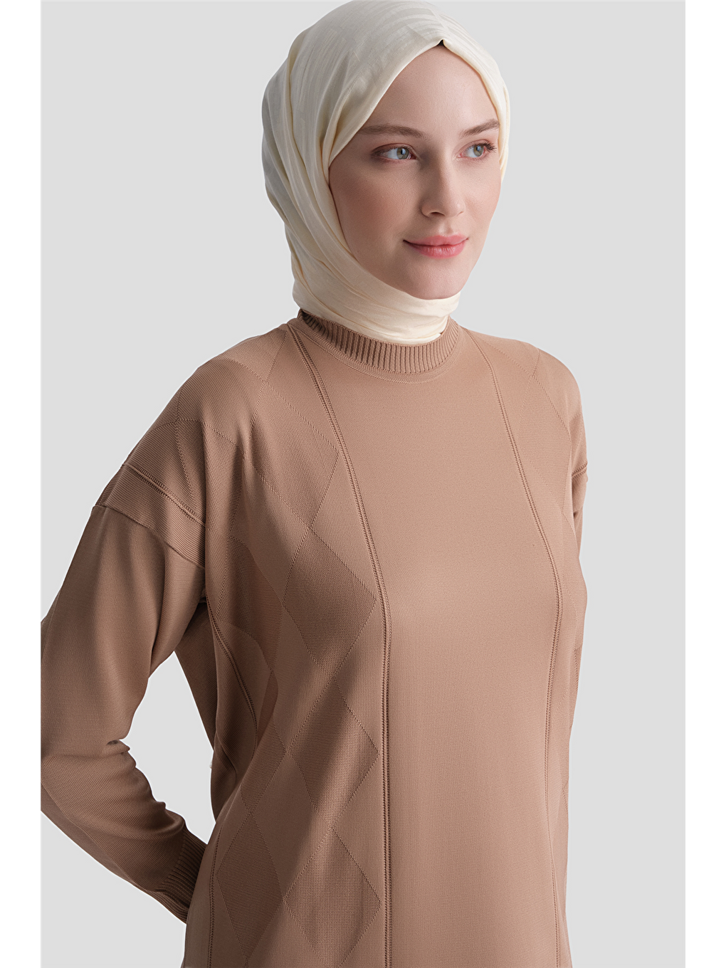 Kahverengi Baklava Desenli Triko Elbise 25ktd958 Latte-2