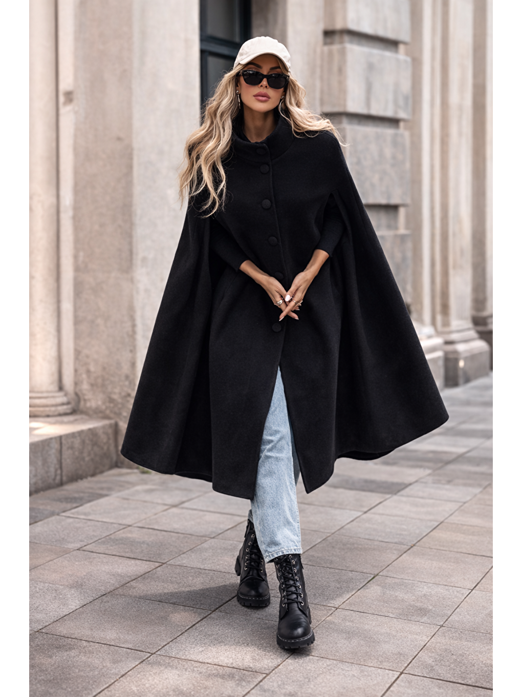 Kadın Düğmeli Premium Comfort Siyah Kaşe Panço-2