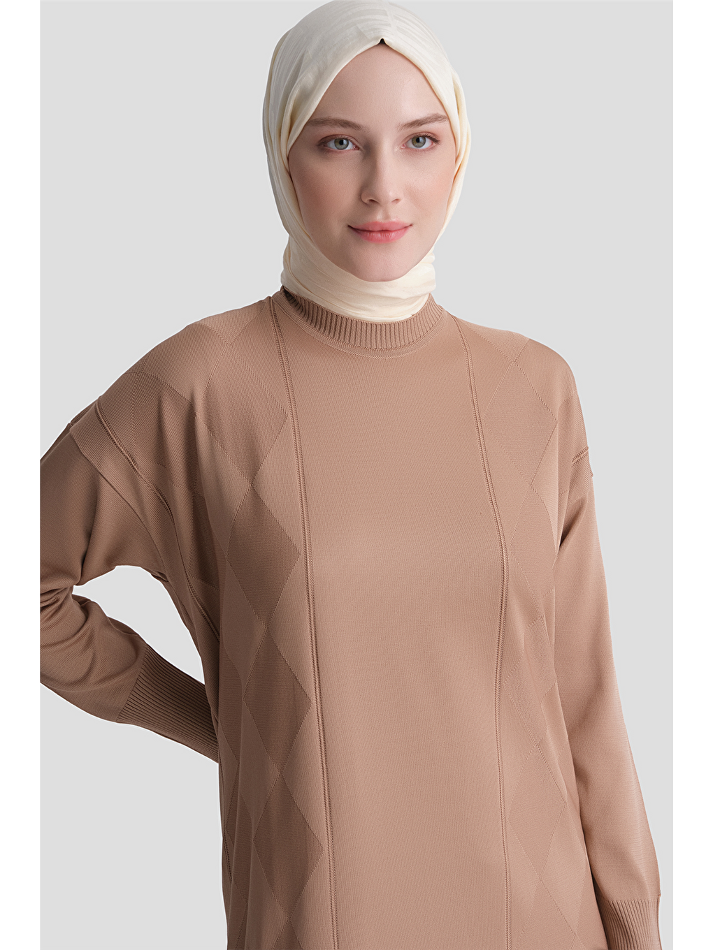 Kahverengi Baklava Desenli Triko Elbise 25ktd958 Latte-3