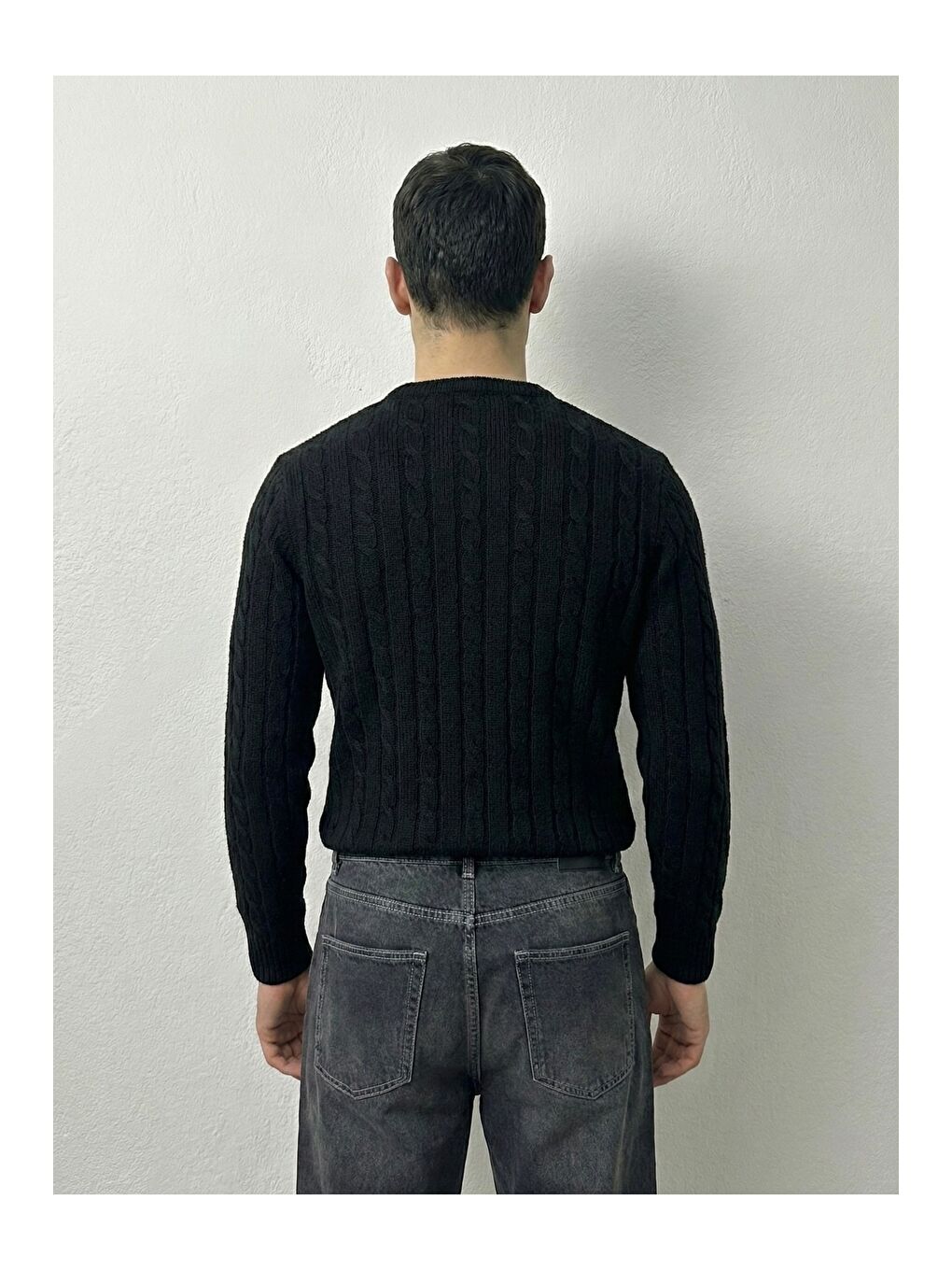 Siyah Erkek Bisiklet Yaka Slim Fit Saç Örgülü Triko Kazak-2