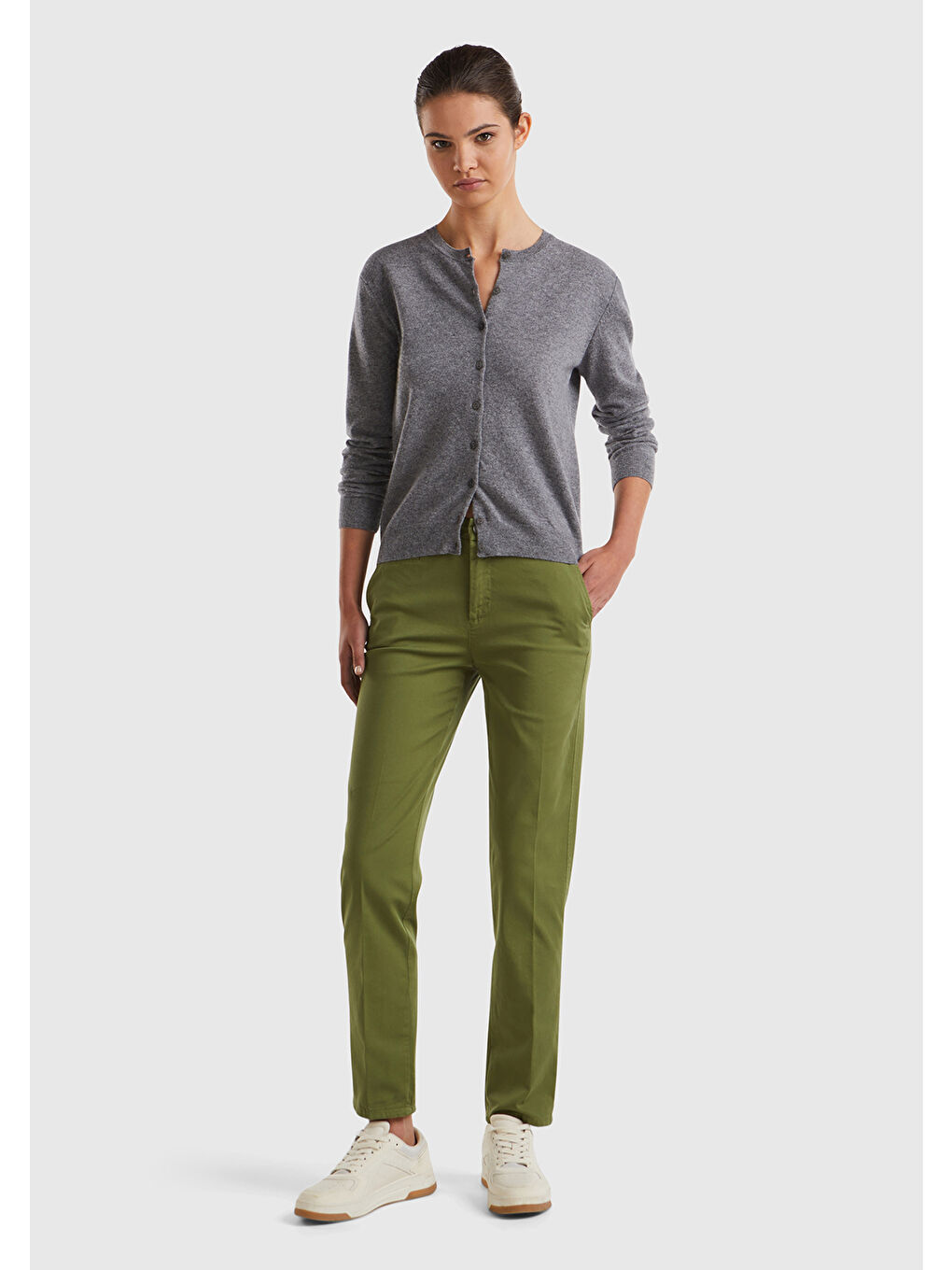 Gri Kadın Antrasit Melanj %100 Merino Bisiklet Yaka Hırka-2