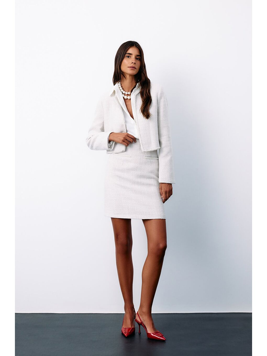 Bej Aksesuar Detaylı Tüvit Etek - Taş-1