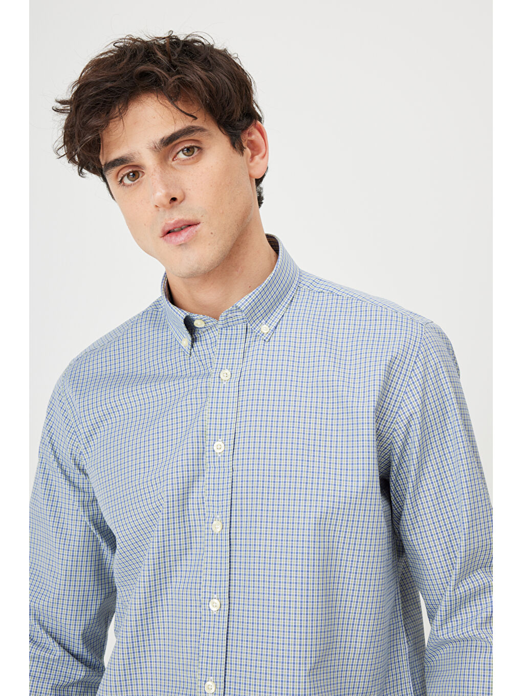 Erkek Yeşil Slim Fit Dar Kesim Düğmeli Yaka Pamuklu Kareli Gömlek-2