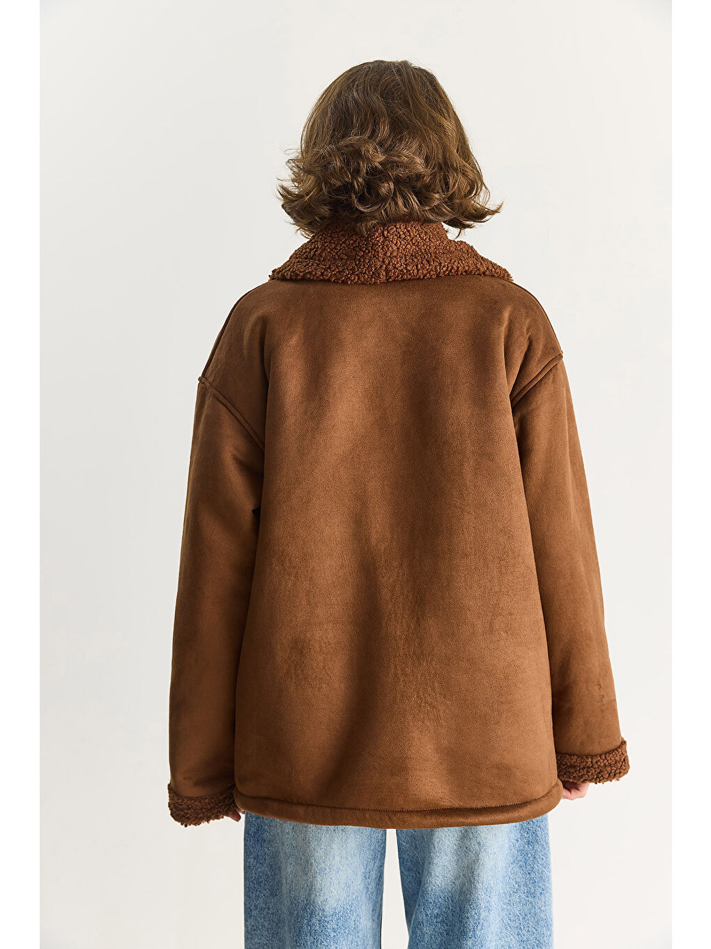 Kahverengi Kadın İçi Kürklü Cep Detaylı Şal Yaka Süet Kaban-7