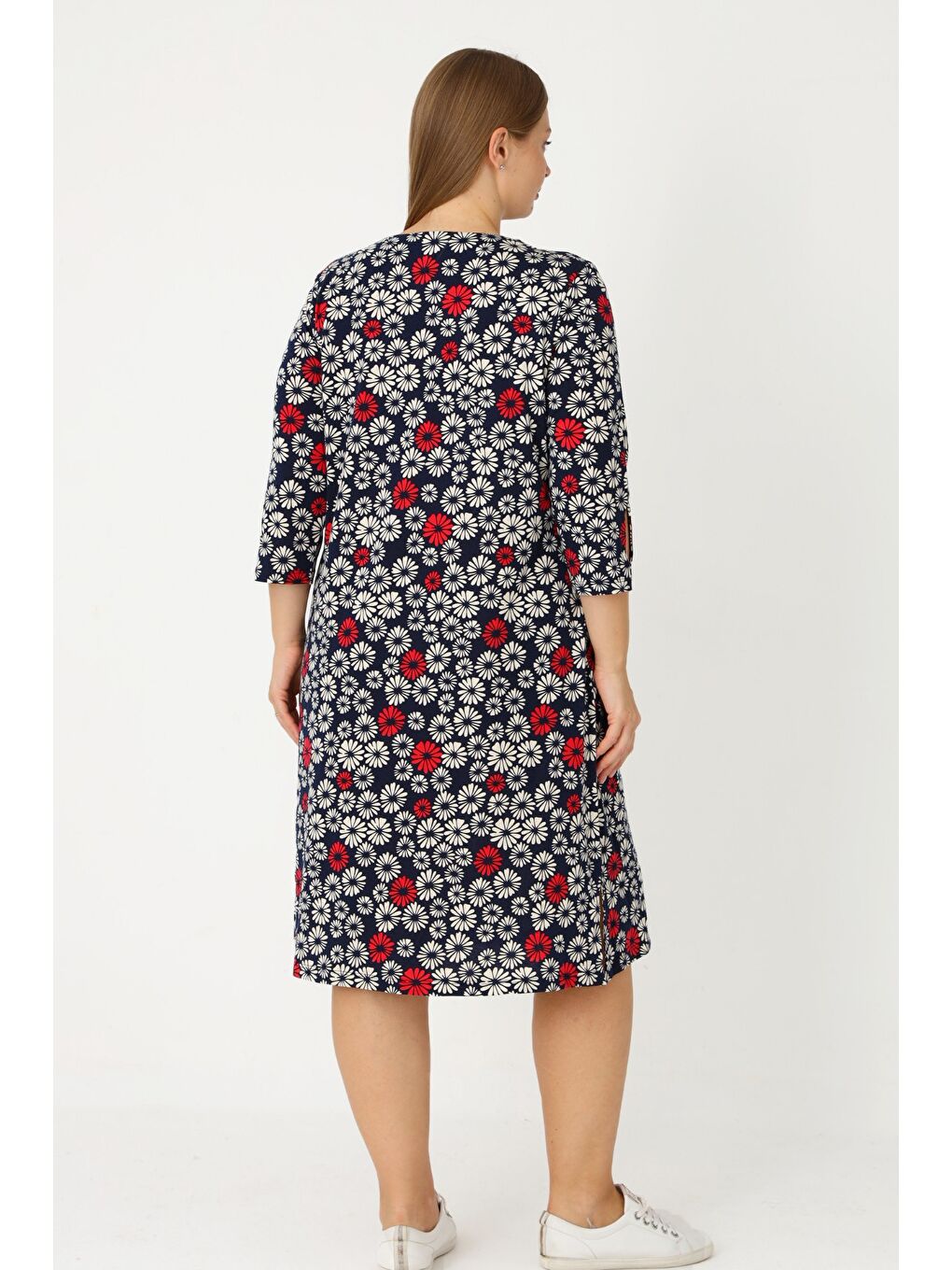 Lacivert Cepli Düğmeli Truvakar Kollu Cepli Pamuklu Kadın Büyük Beden Elbise-5