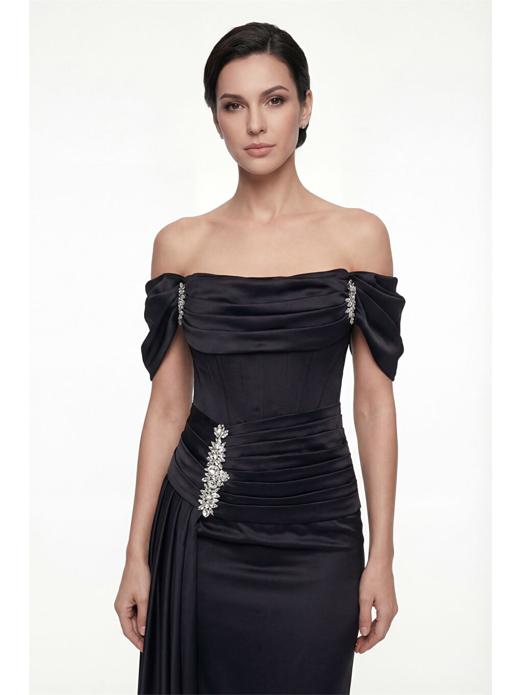 Kadın Siyah Dar Kalıp Kayık Yaka Taşlı Uzun Abiye Elbise-2