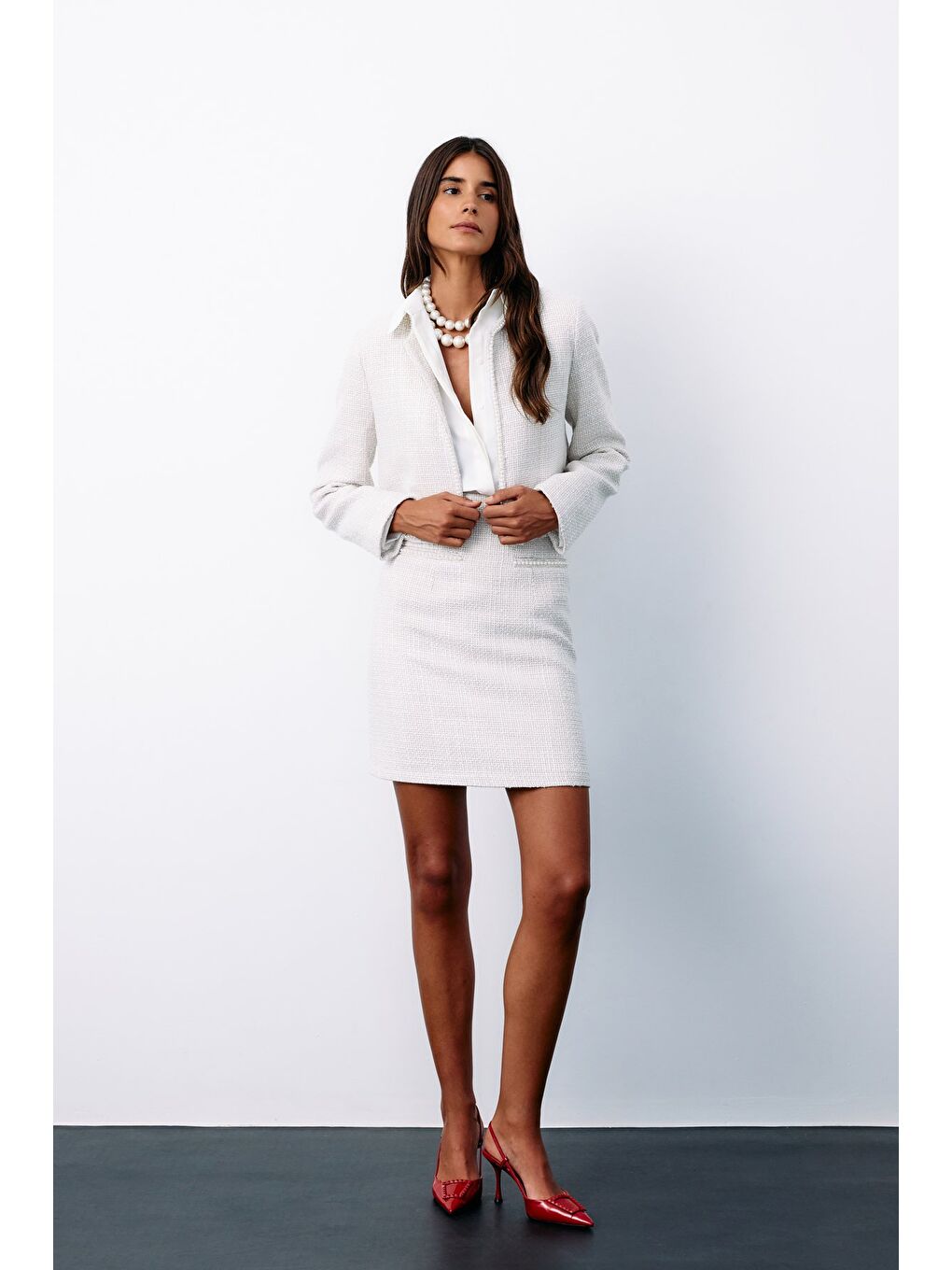 Bej Aksesuar Detaylı Tüvit Etek - Taş-3