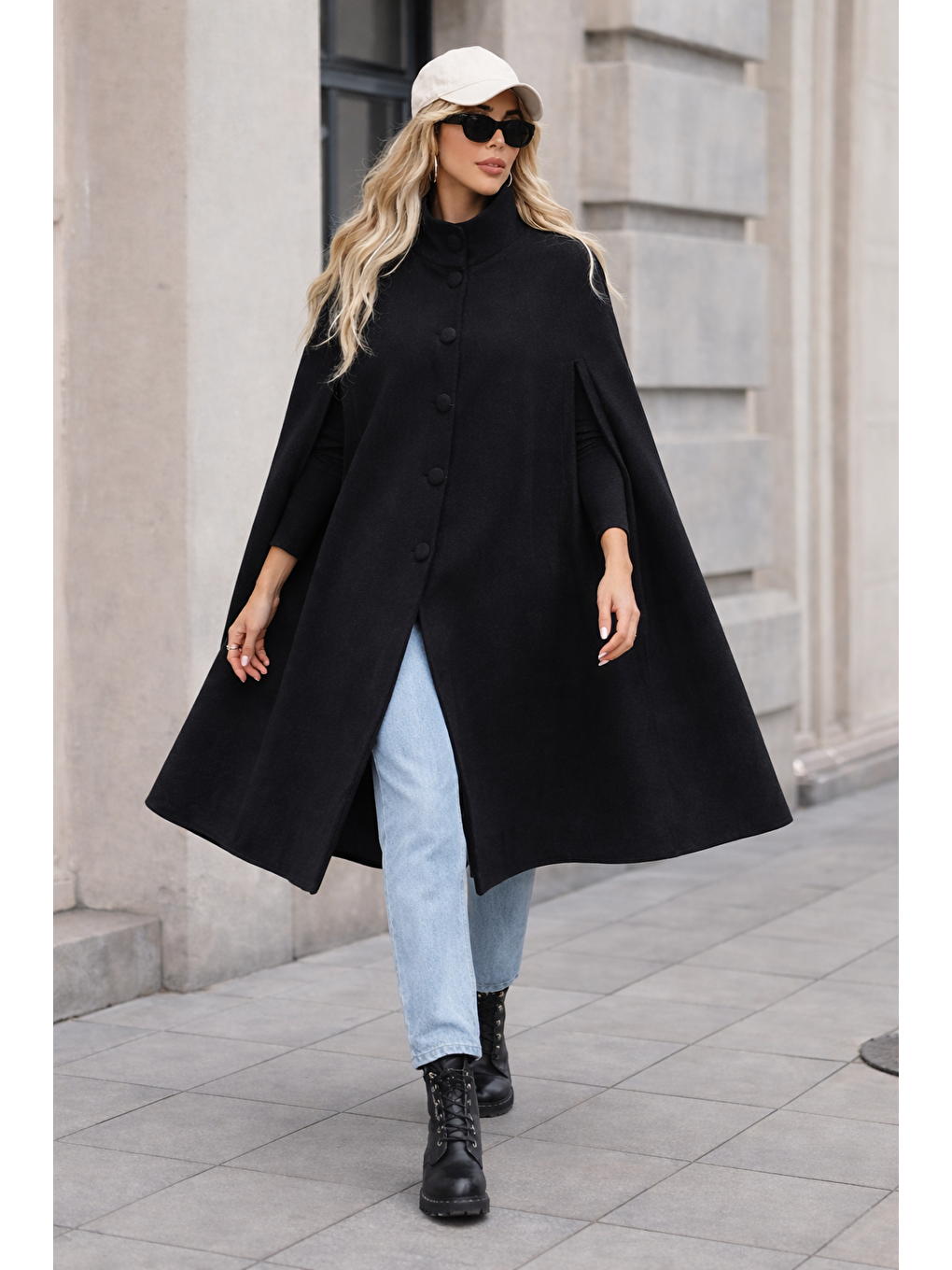 Kadın Düğmeli Premium Comfort Siyah Kaşe Panço-3