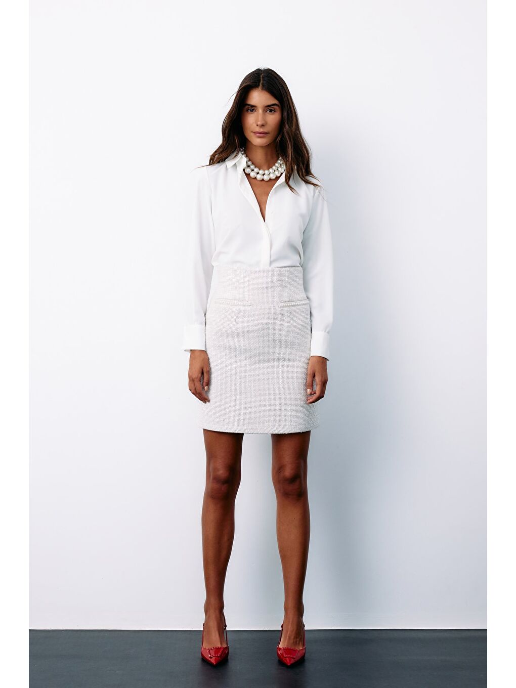 Bej Aksesuar Detaylı Tüvit Etek - Taş-4