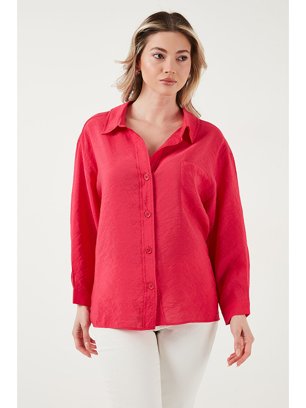 Fuşya Oversize Cep Detaylı Uzun Kollu Gömlek 25Y0571K1