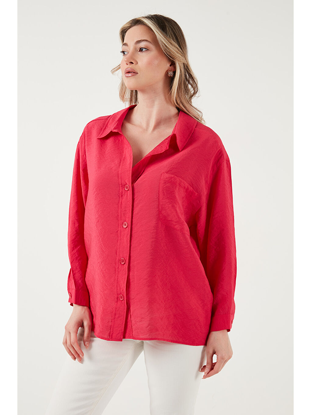 Fuşya Oversize Cep Detaylı Uzun Kollu Gömlek 25Y0571K1-1