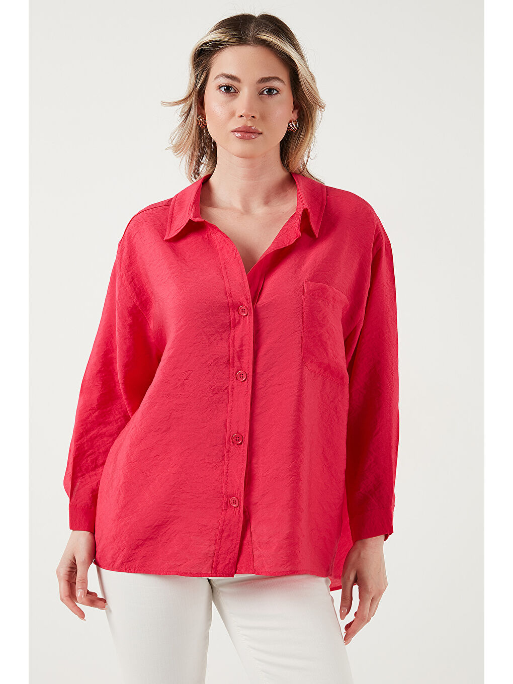 Fuşya Oversize Cep Detaylı Uzun Kollu Gömlek 25Y0571K1-2