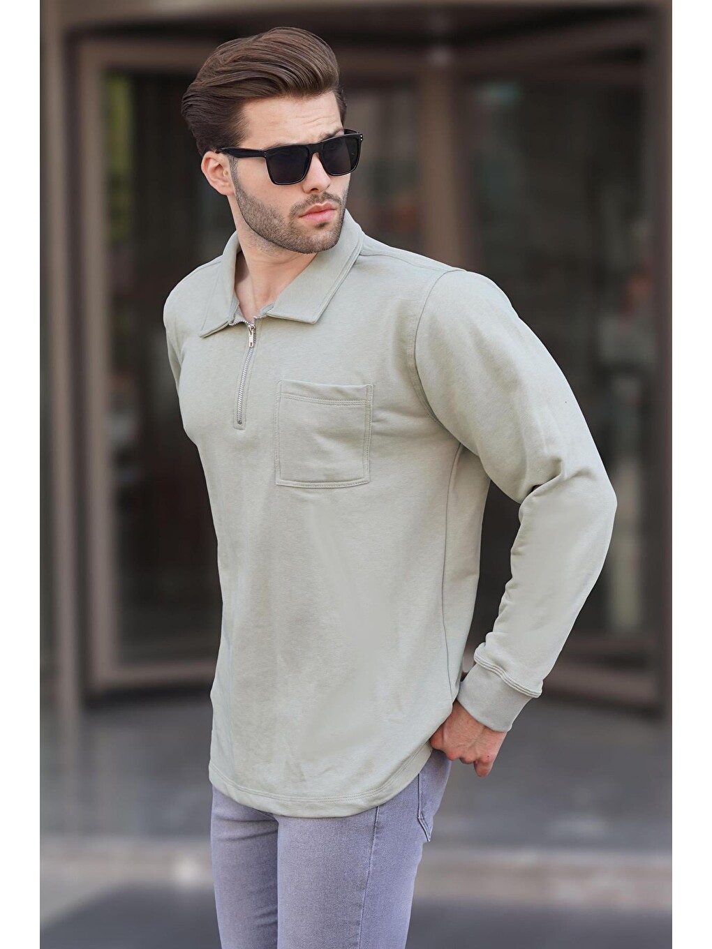 Mint Yeşili Yaka Fermuarlı Uzun Kollu Erkek Sweatshirt 7057