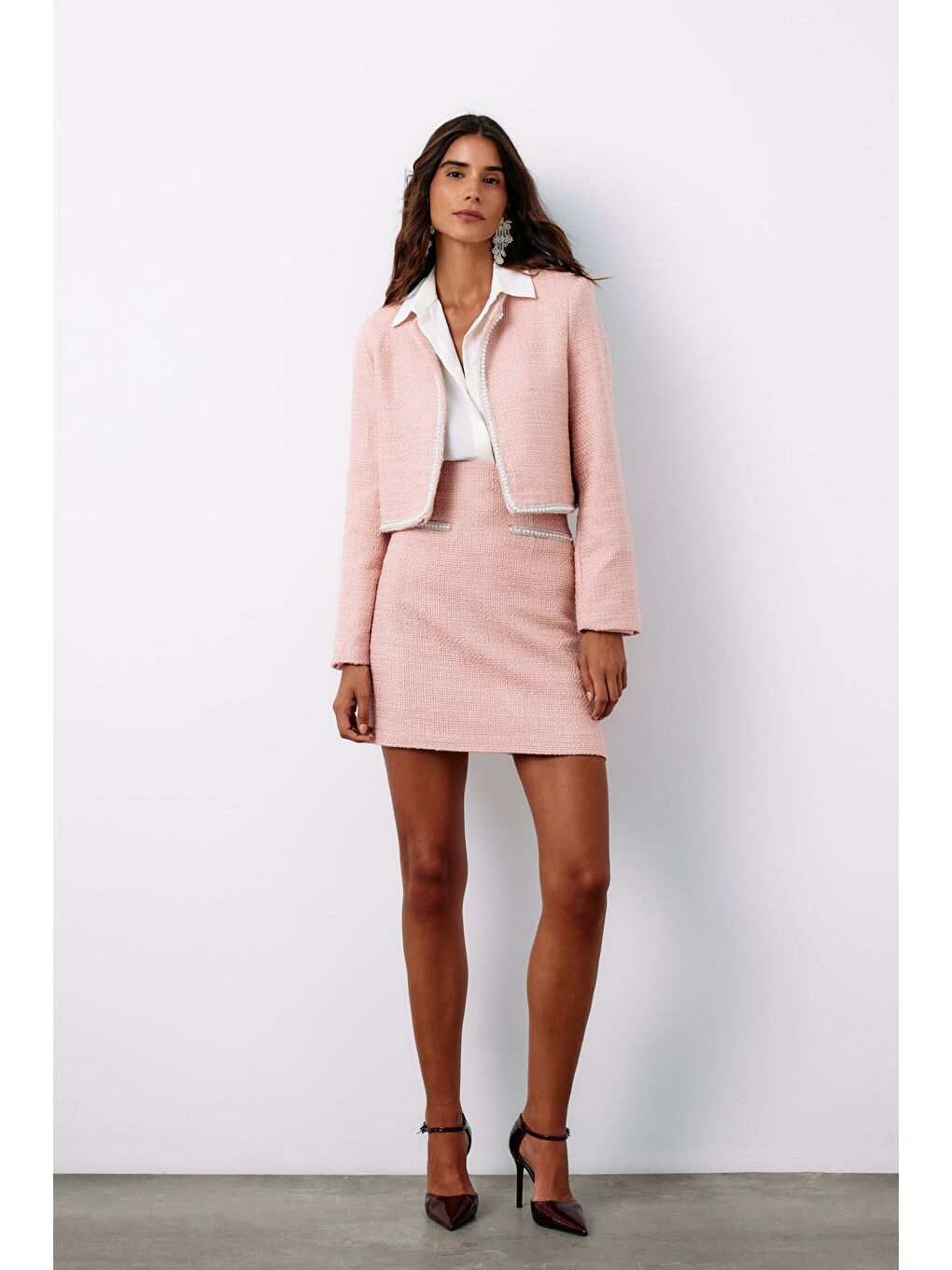 Pembe Aksesuar Detaylı Tüvit Etek - Pudra