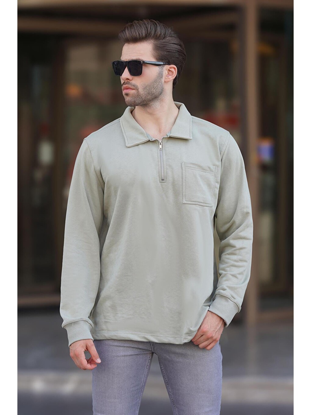 Mint Yeşili Yaka Fermuarlı Uzun Kollu Erkek Sweatshirt 7057-1