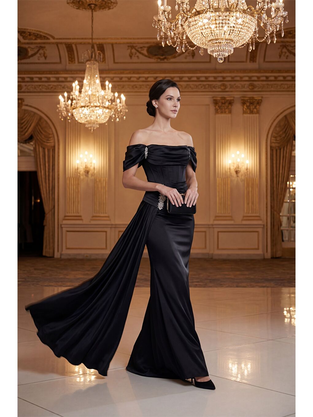 Kadın Siyah Dar Kalıp Kayık Yaka Taşlı Uzun Abiye Elbise-3