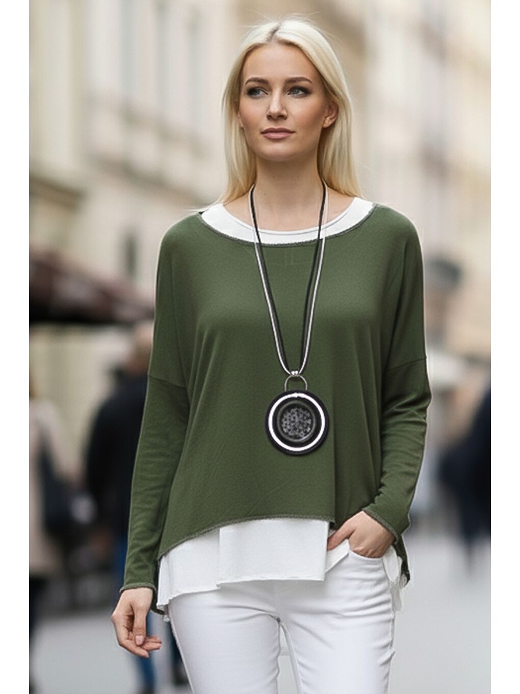 Haki Havuz Yaka Uzun Kol İnce İkili Set Kolyeli Casual Oversize Triko Bluz 70 74