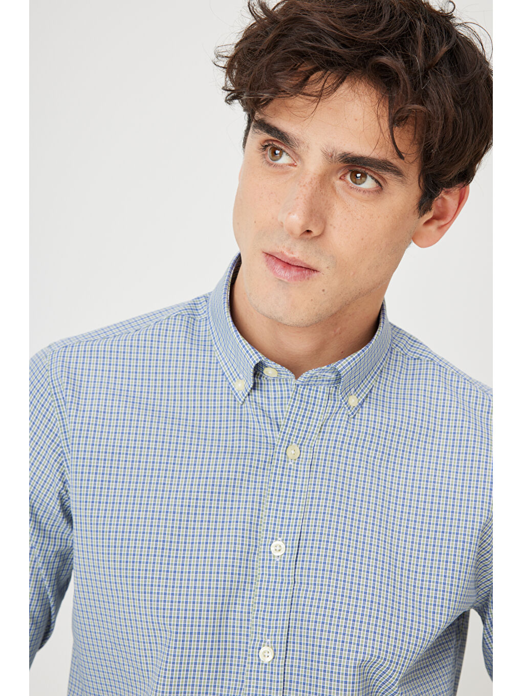 Erkek Yeşil Slim Fit Dar Kesim Düğmeli Yaka Pamuklu Kareli Gömlek-5