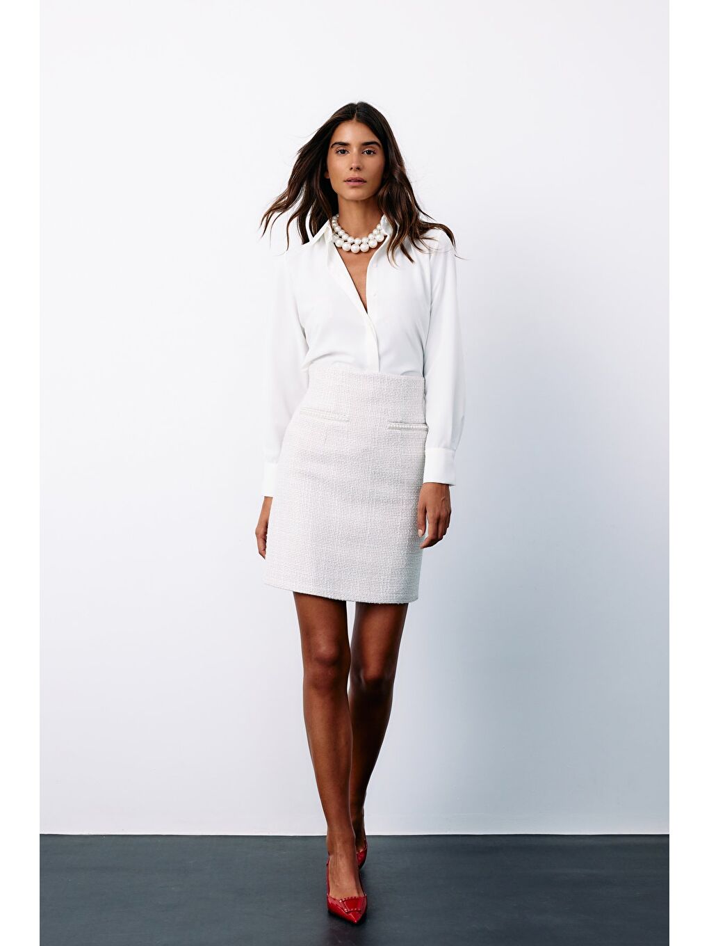 Bej Aksesuar Detaylı Tüvit Etek - Taş-5