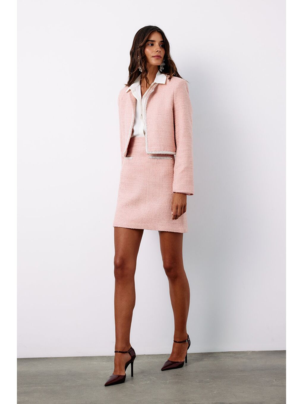 Pembe Aksesuar Detaylı Tüvit Etek - Pudra-1