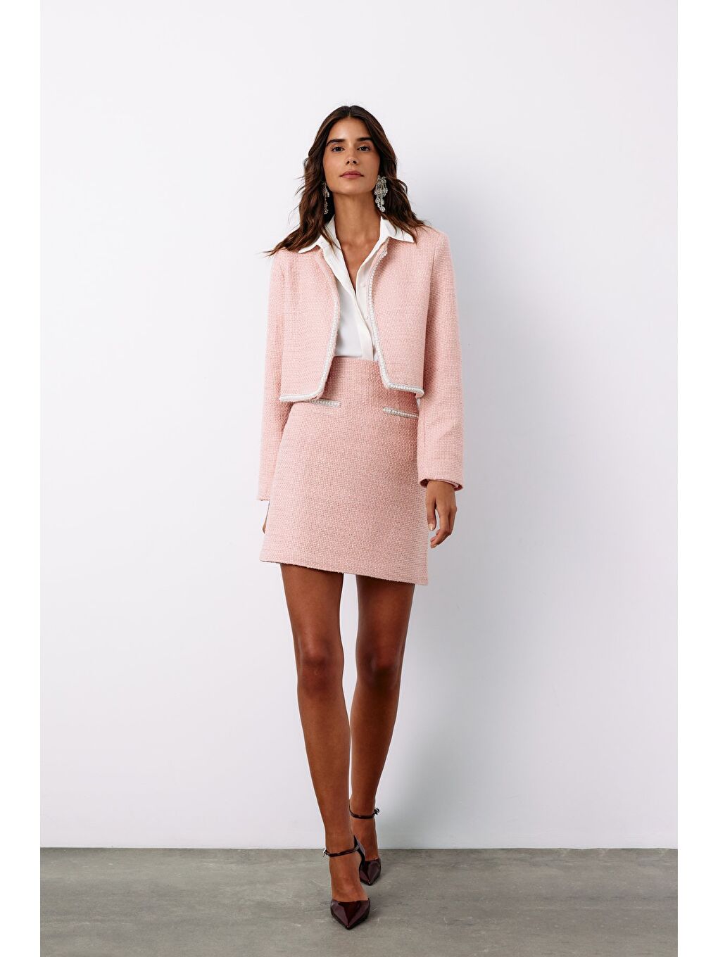 Pembe Aksesuar Detaylı Tüvit Etek - Pudra-2