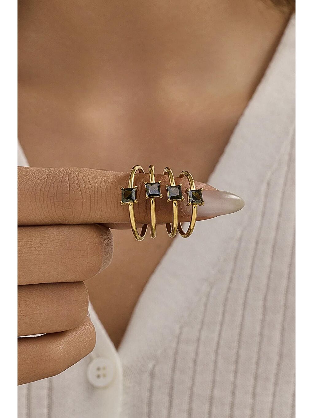 Sarı Çelik Kare Zirkon Taşlı Minimal Eklem Yüzük Seti 4 adet-1