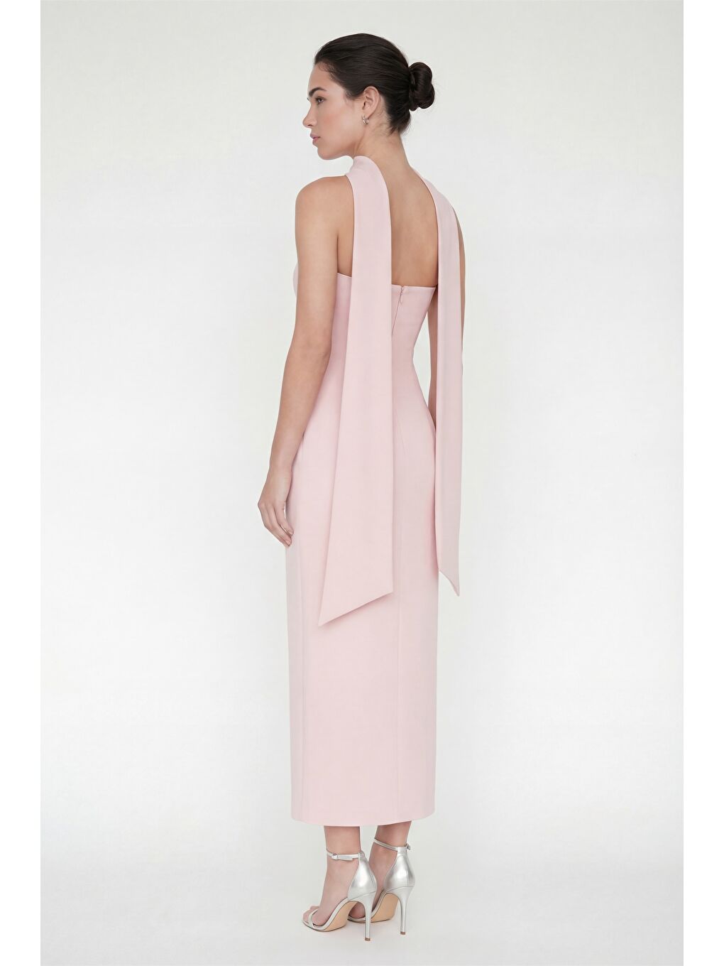 Pembe Kadın Pudra Şal Yaka Midi Söz Nişan Nikah Abiye Elbise-4
