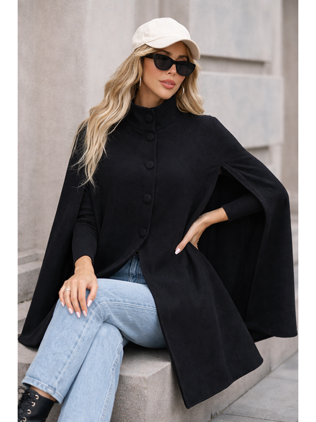 Kadın Düğmeli Premium Comfort Siyah Kaşe Panço-4