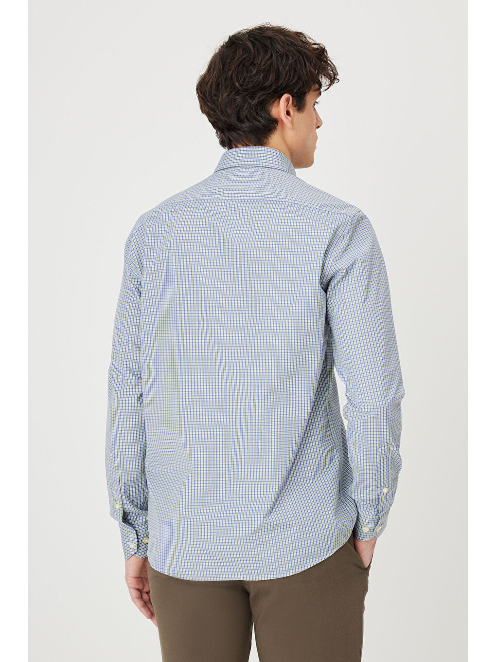 Erkek Yeşil Slim Fit Dar Kesim Düğmeli Yaka Pamuklu Kareli Gömlek-6