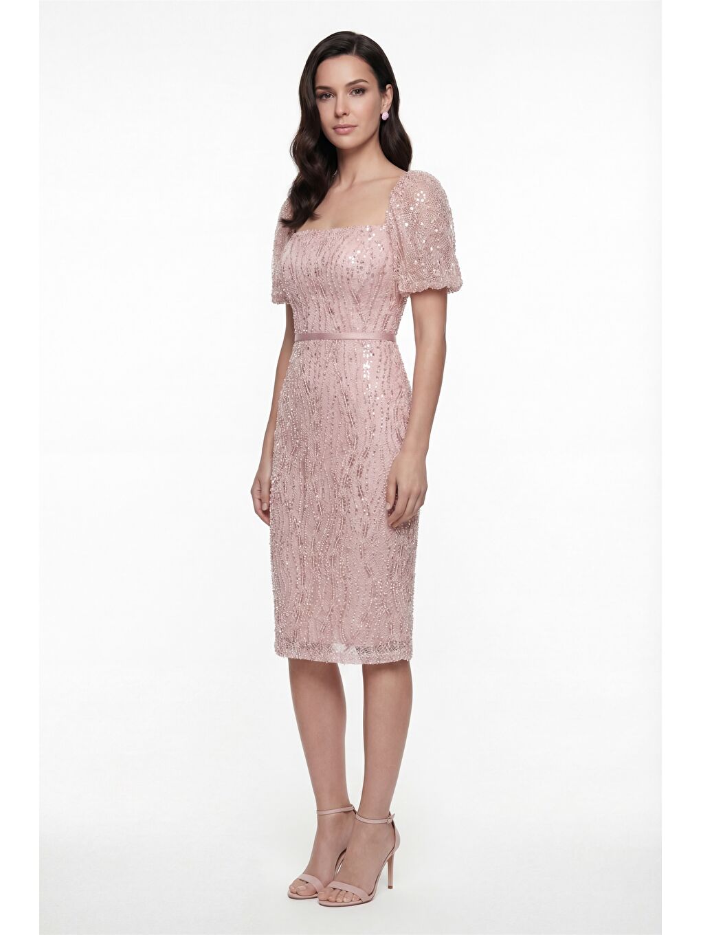 Pembe Kadın Pudra Kare Yaka Balon Kol Midi Söz Nişan Nikah Abiye Elbise-1