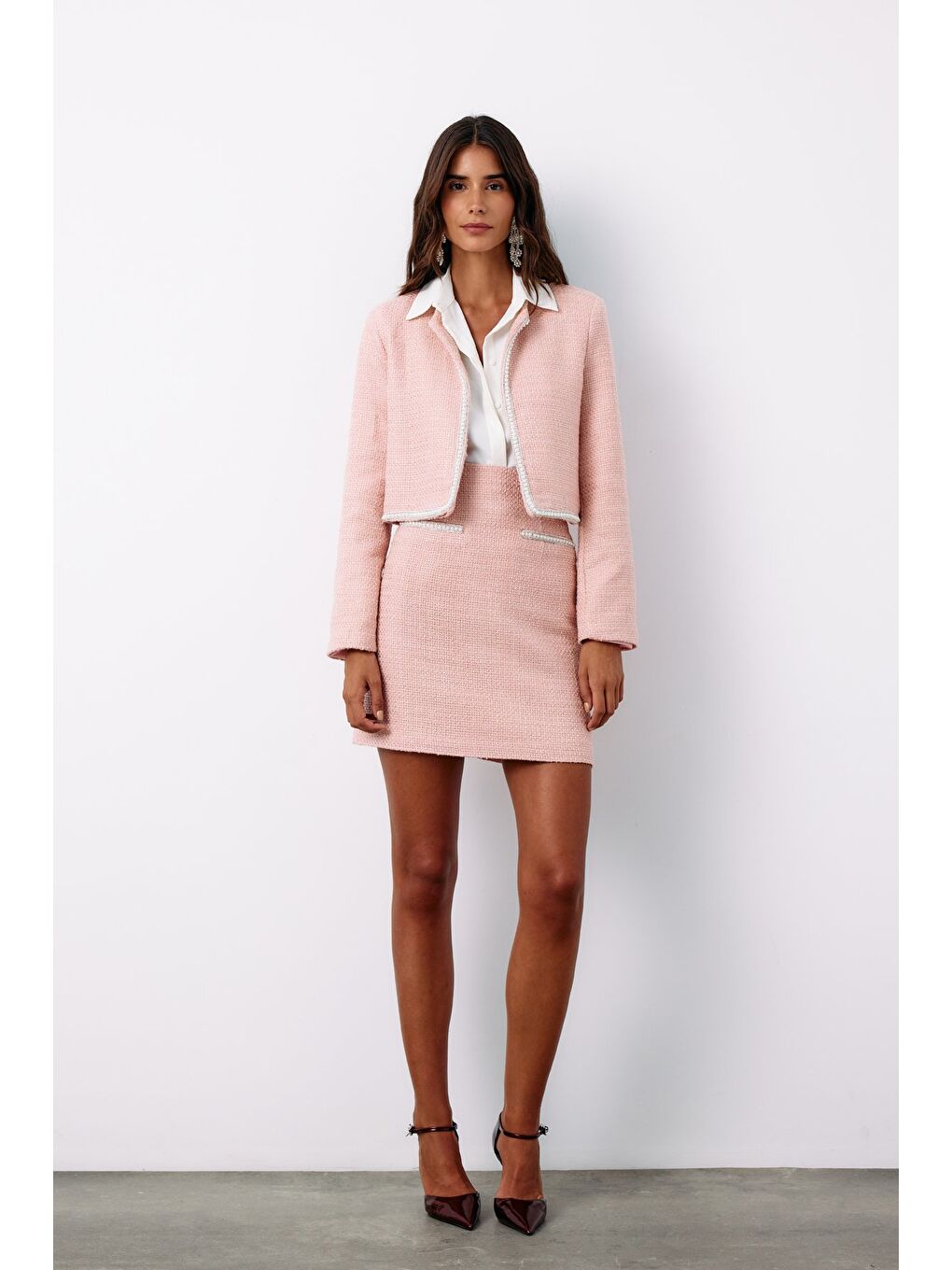 Pembe Aksesuar Detaylı Tüvit Etek - Pudra-3