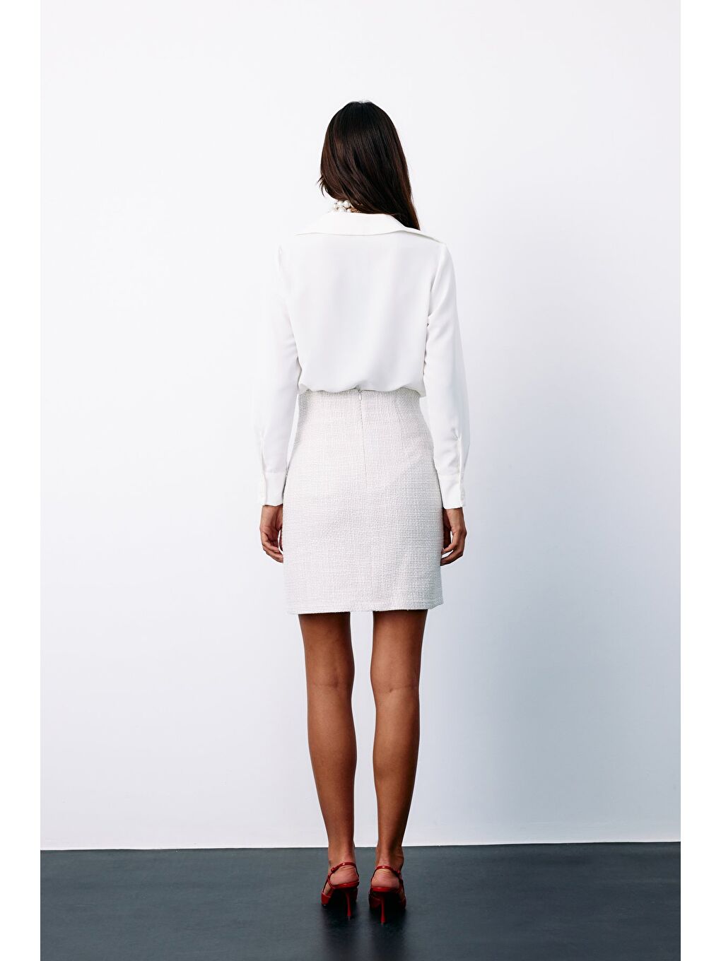 Bej Aksesuar Detaylı Tüvit Etek - Taş-7