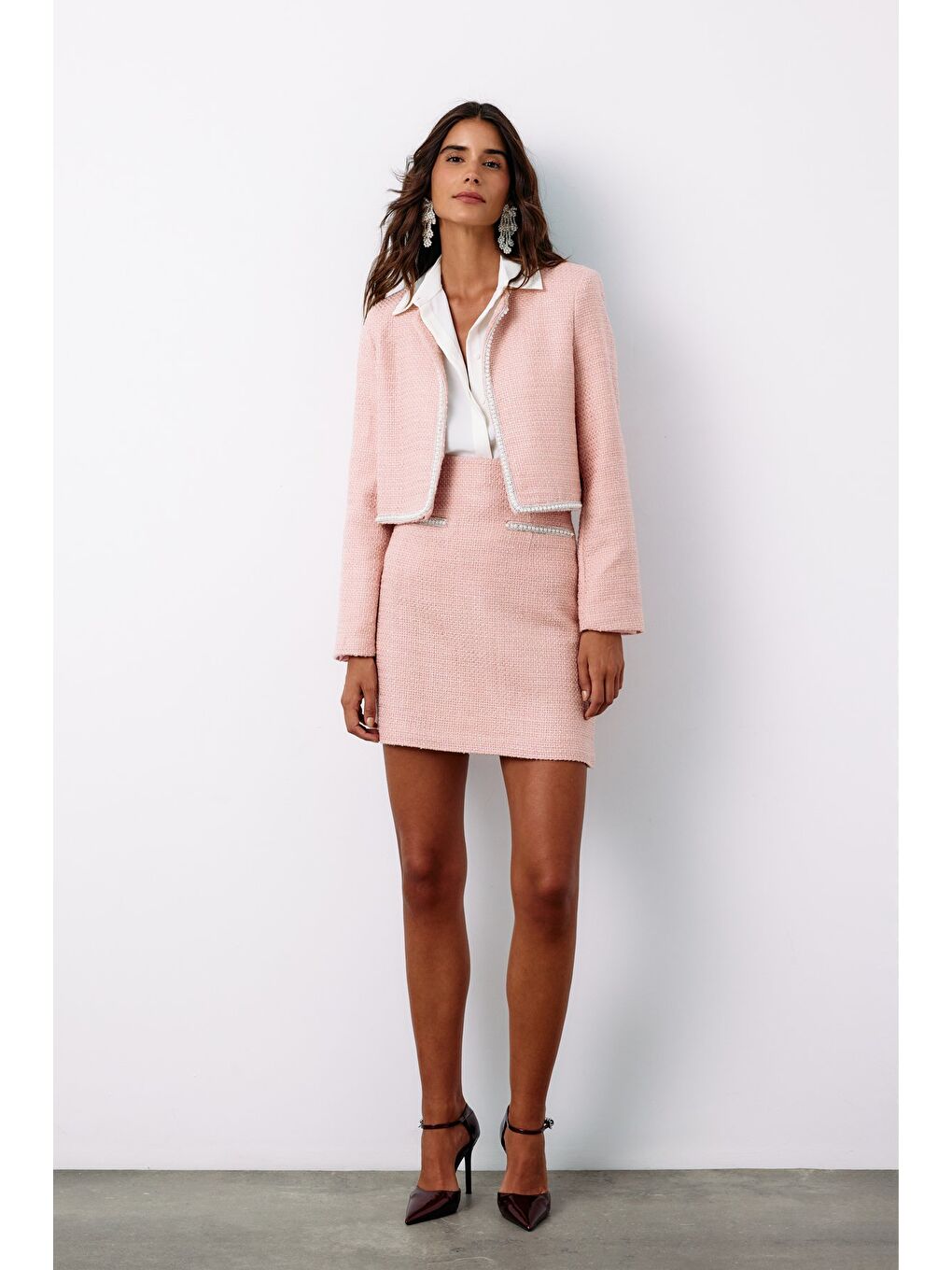 Pembe Aksesuar Detaylı Tüvit Etek - Pudra-4