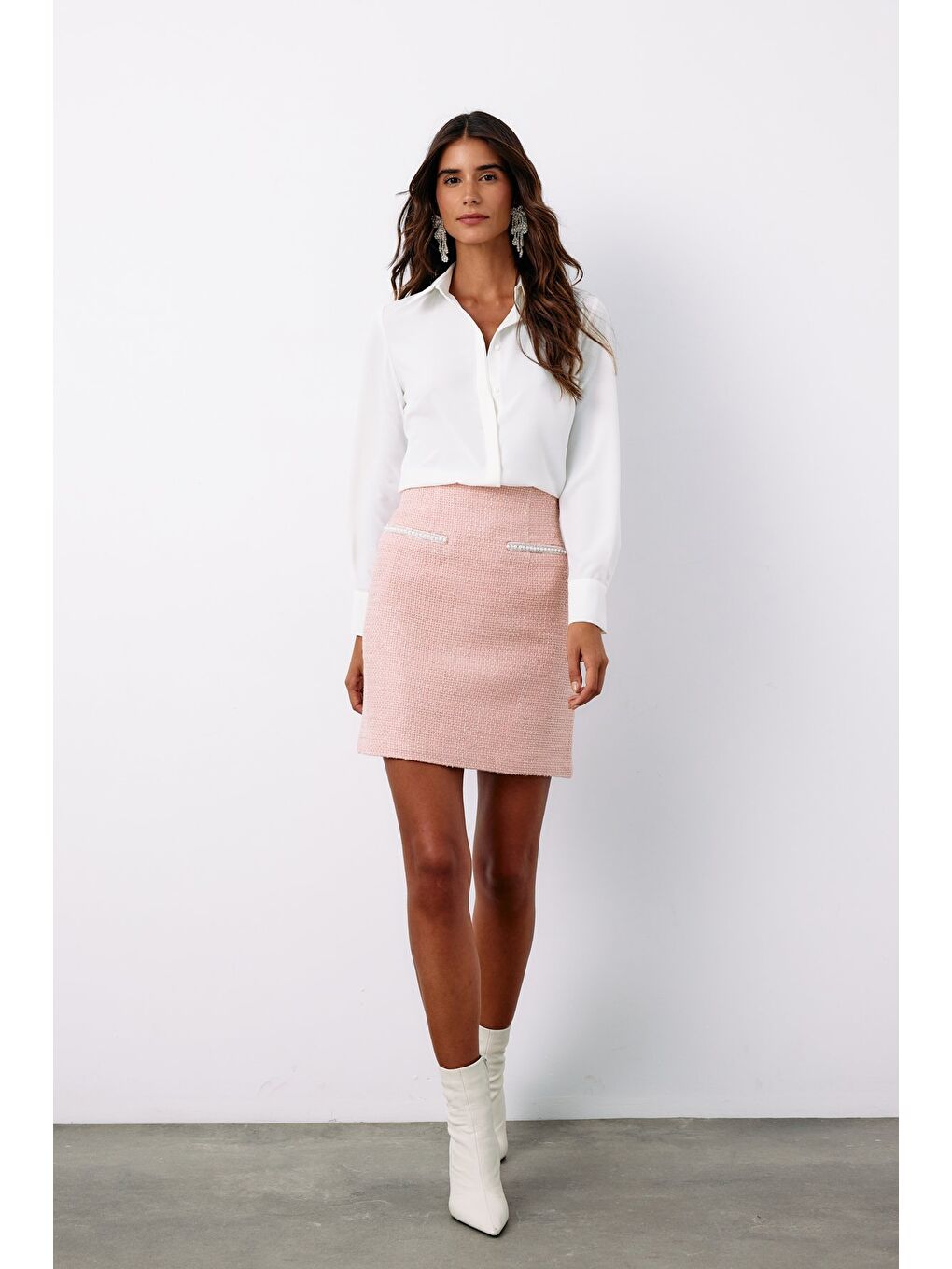 Pembe Aksesuar Detaylı Tüvit Etek - Pudra-5