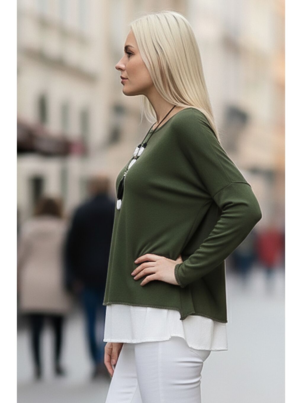 Haki Havuz Yaka Uzun Kol İnce İkili Set Kolyeli Casual Oversize Triko Bluz 70 74-1