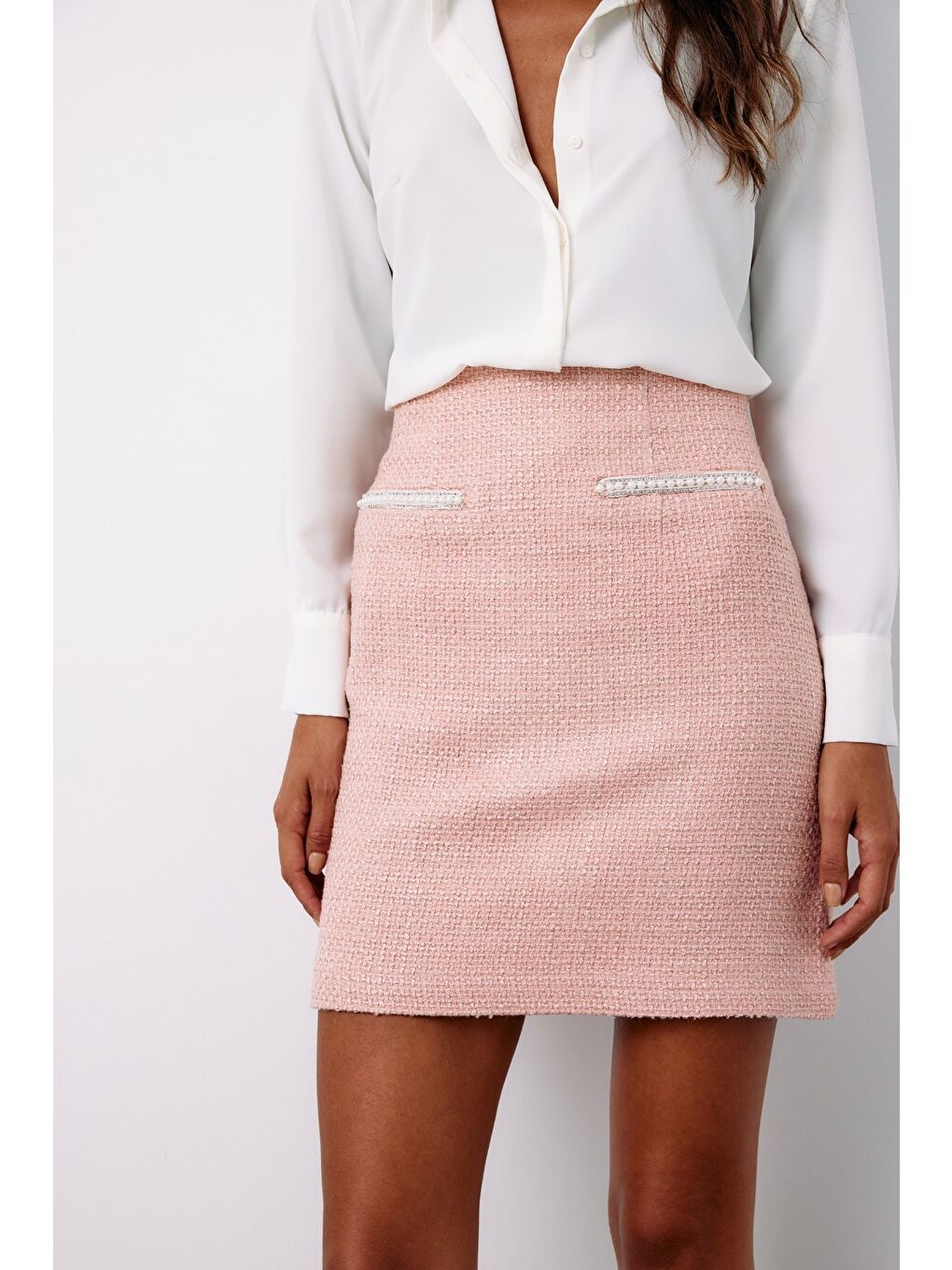 Pembe Aksesuar Detaylı Tüvit Etek - Pudra-6