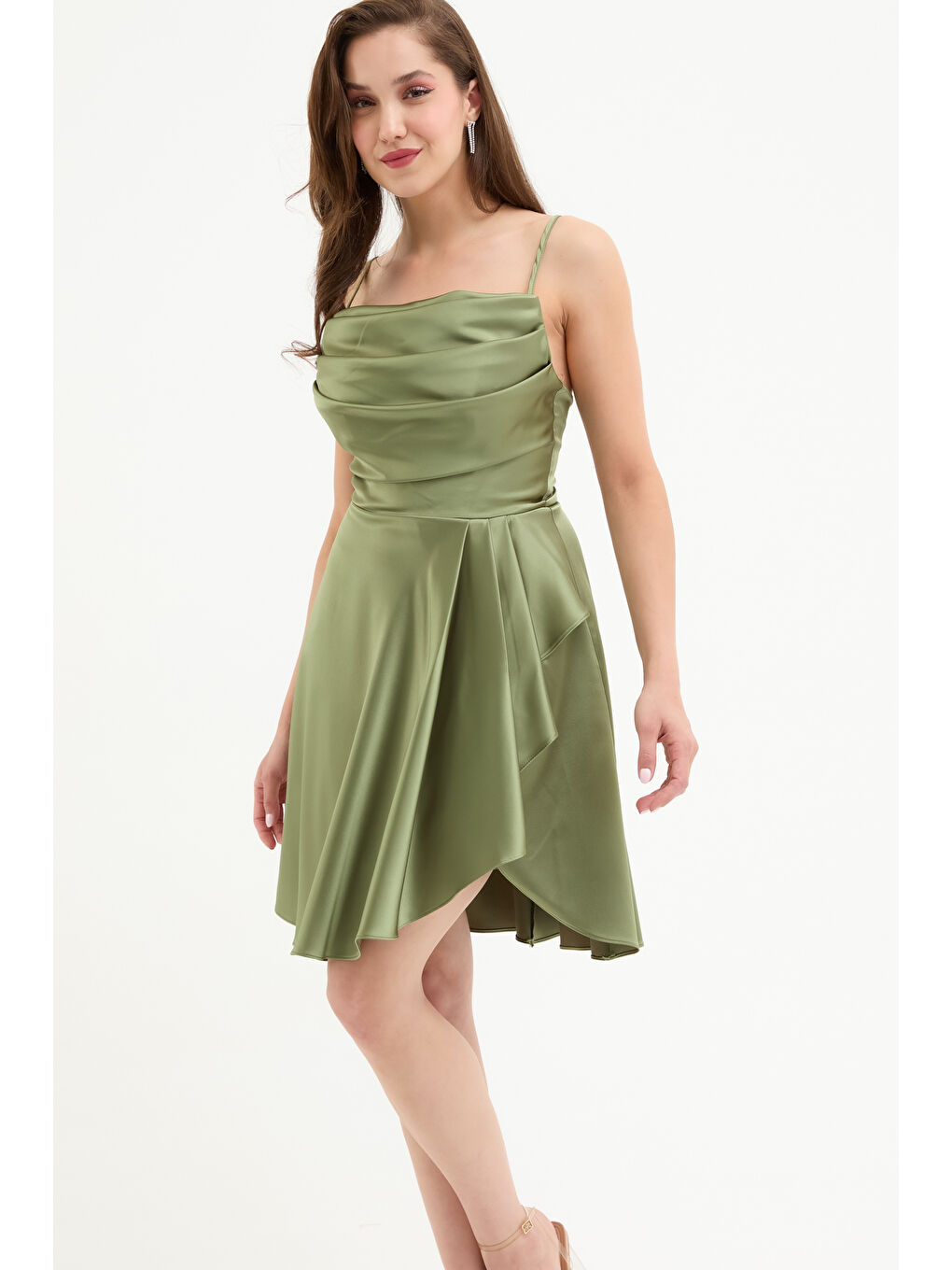 Kadın Haki Volanlı Yırtmaçlı Kısa Saten Abiye & Mezuniyet Elbisesi-2