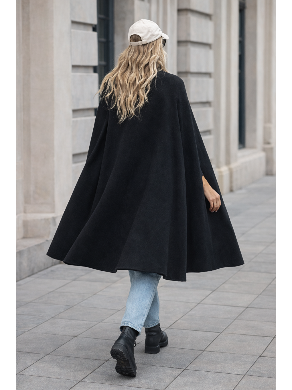 Kadın Düğmeli Premium Comfort Siyah Kaşe Panço-5