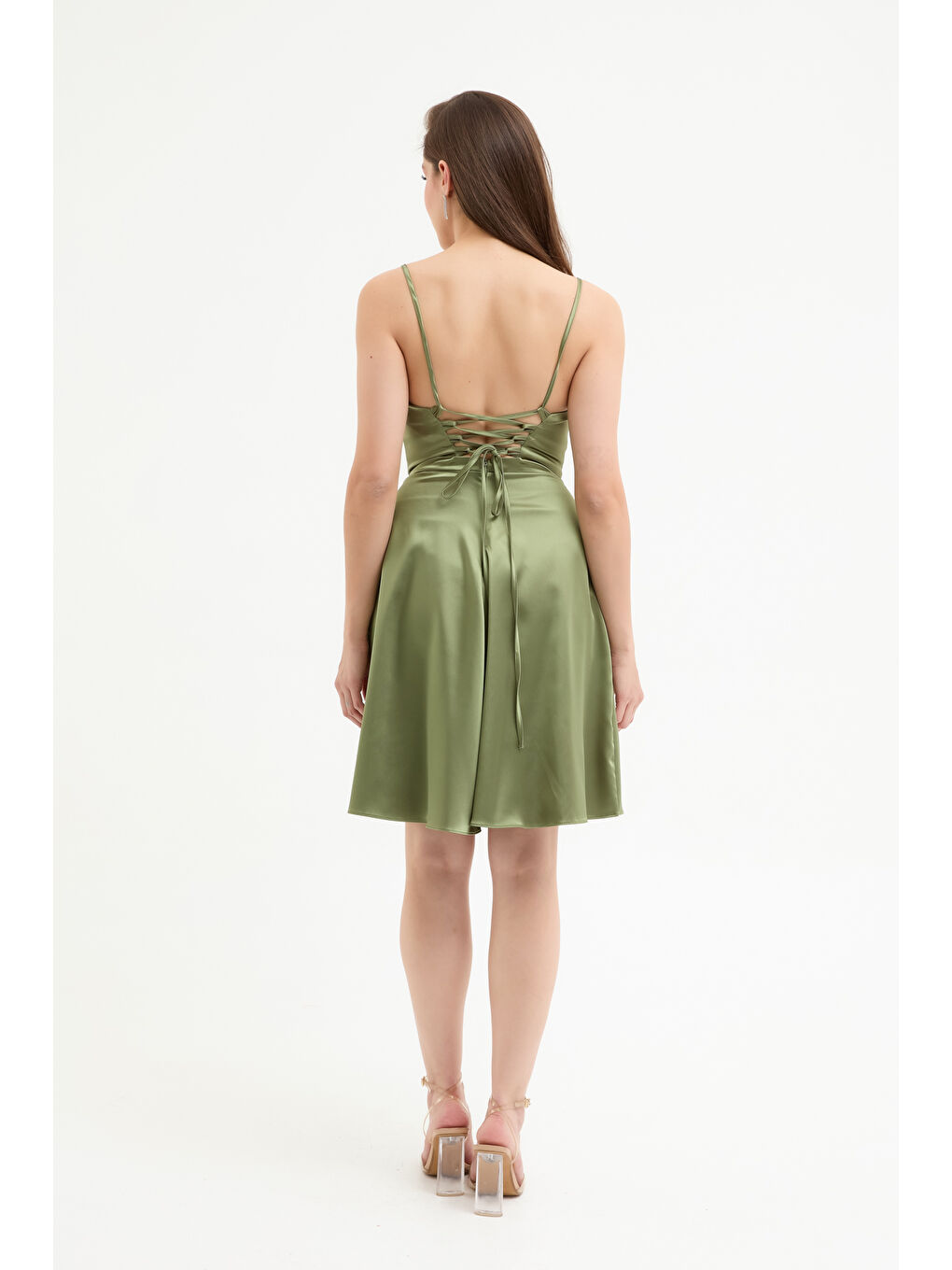 Kadın Haki Volanlı Yırtmaçlı Kısa Saten Abiye & Mezuniyet Elbisesi-4