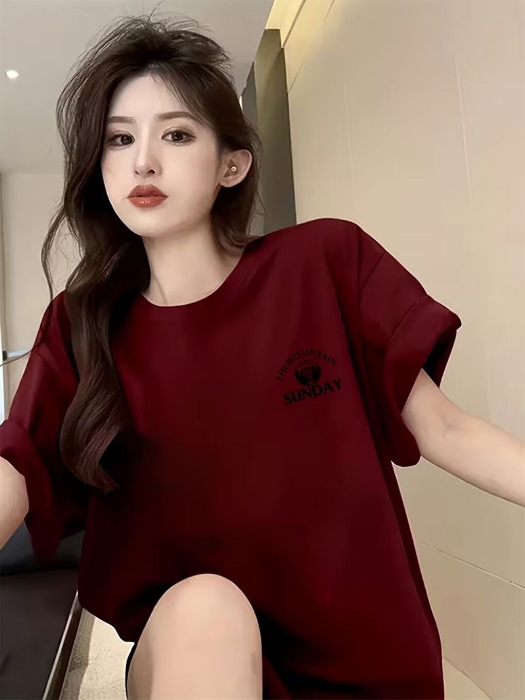 Unisex Bordo Mountain Sunday Baskılı Tişört-1