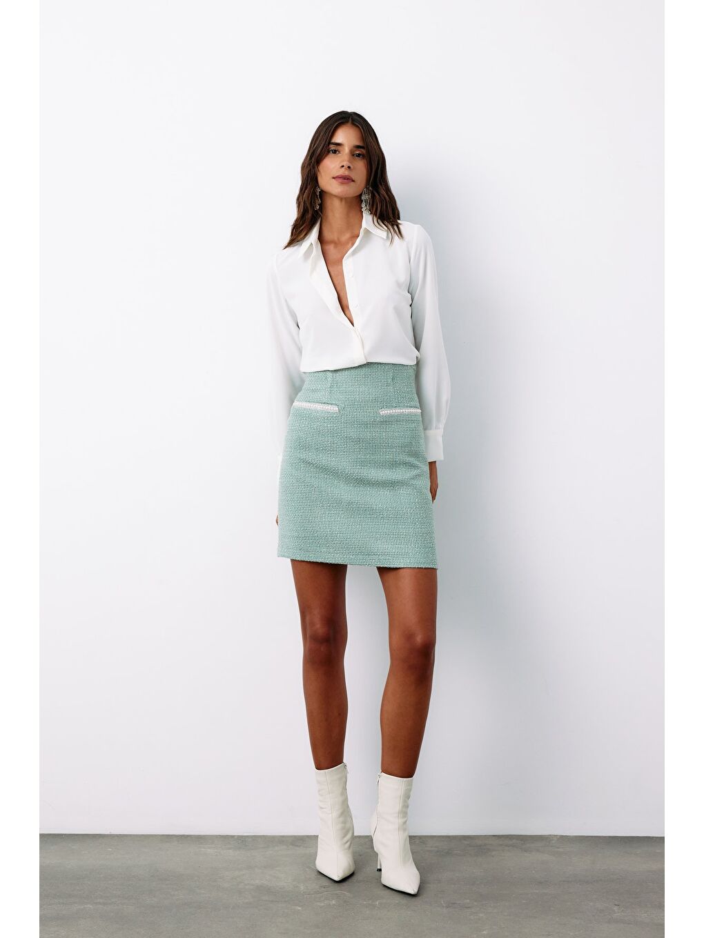 Yeşil Aksesuar Detaylı Tüvit Etek - Mint-3