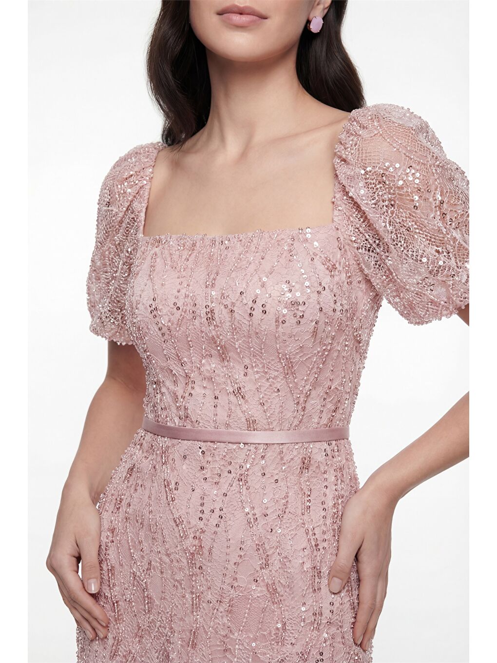 Pembe Kadın Pudra Kare Yaka Balon Kol Midi Söz Nişan Nikah Abiye Elbise-2