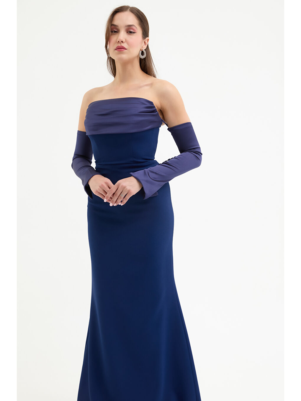 Kadın Lacivert Yaka Detaylı Balık Abiye Elbise-1