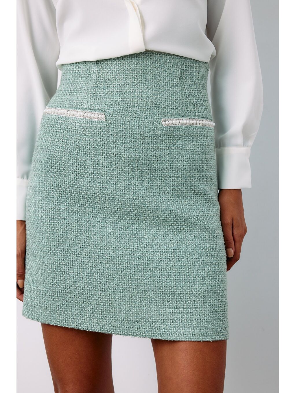Yeşil Aksesuar Detaylı Tüvit Etek - Mint-5