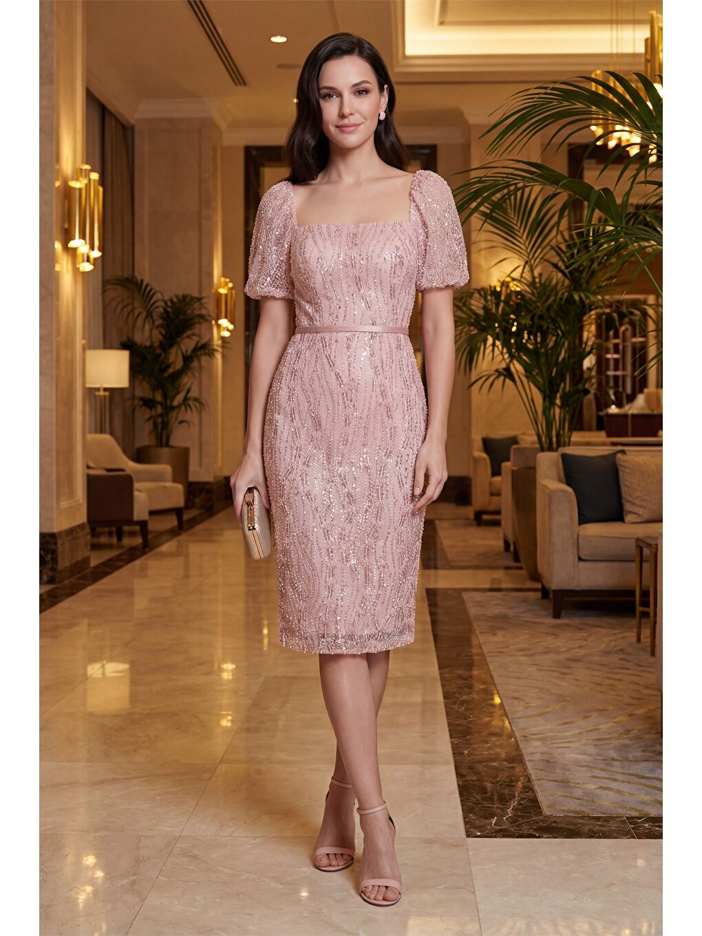 Pembe Kadın Pudra Kare Yaka Balon Kol Midi Söz Nişan Nikah Abiye Elbise-3