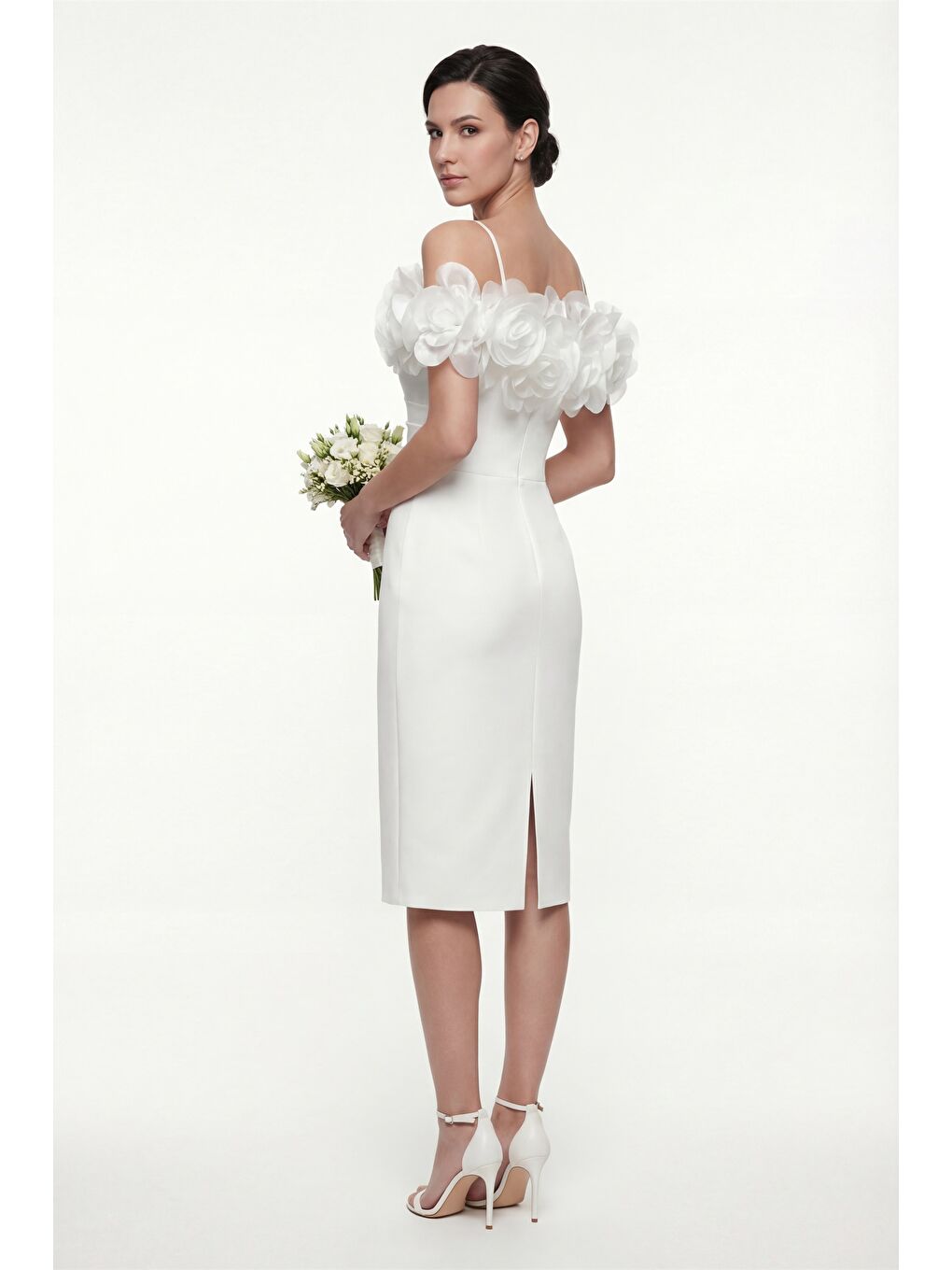 Kadın Beyaz Yakası Gül Detaylı Söz Nişan Nikah Abiye Elbise-4