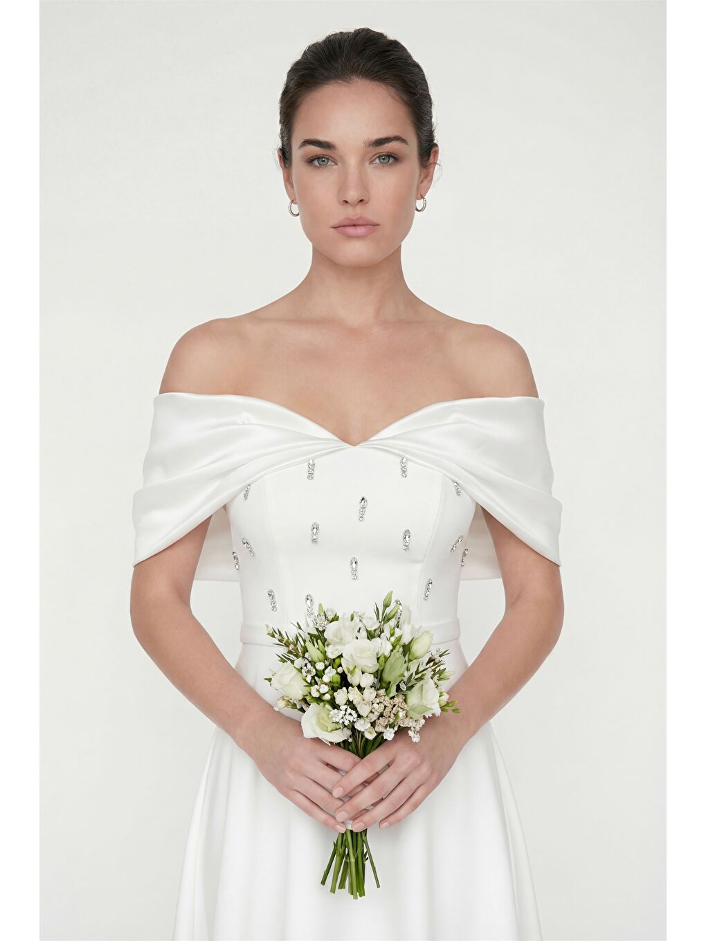 Kadın Beyaz Kayık Yaka Taş Detay Kloş Söz Nişan Nikah Abiye Elbise-2