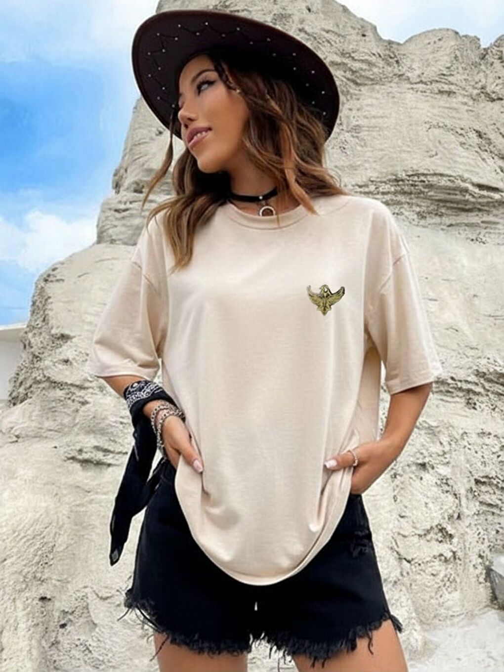 Unisex Bej Golden Wing Baskılı Tişört