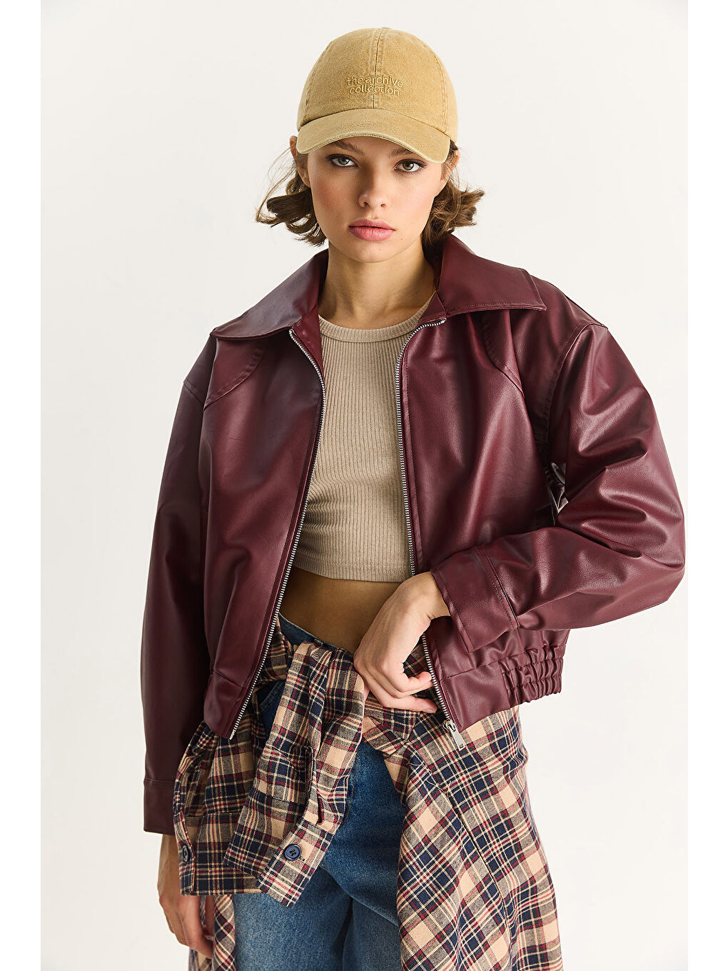 Bordo Kadın Oversize Belli Lastikli Suni Deri Bomber Ceket-3